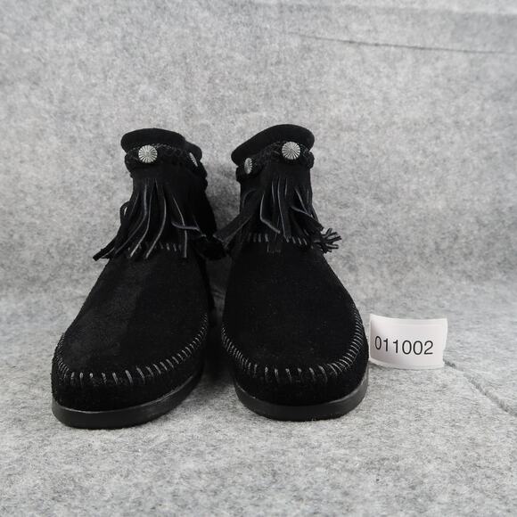 Minnetonka Shoes Womens 7.5 Bootie Moccasin Leather Hi Top Back Zip Fringe Black - Picture 3 of 13
